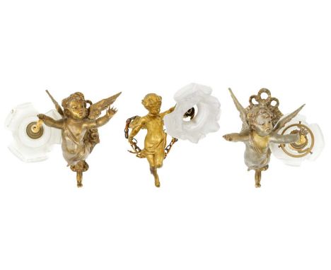 A Victorian gilt metal hanging cherub lamp. With a frosted flower shape shade, length 23cm, together with a pair of cherub wa