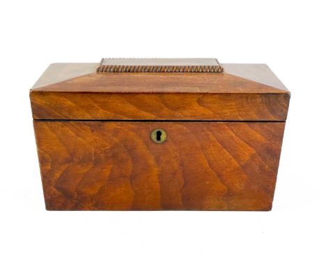 A 19th century mahogany sarcophagus tea caddy. With fitted interior, height 15cm width 28cm depth 15cm.
