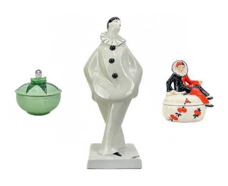 An Art Deco Dax earthenware figure of Pierrot attributed to Edouard Cazaux. Height 34cm together with a Continental ceramic b