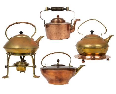 A W A S Benson copper and brass kettle. With a rattan bound handle, together with three early 20th century brass and copper k