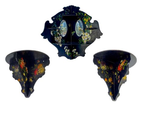 A Victorian painted papier mache lacquered folding mirrored corner shelf. Decorated with flora and fauna, height 42cm togethe