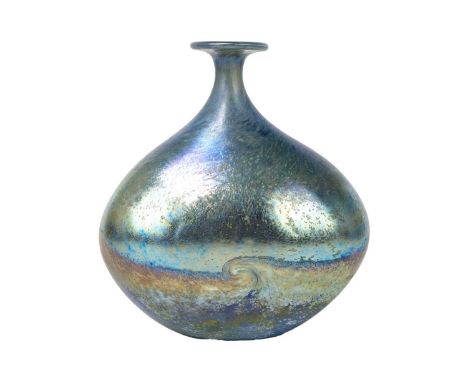 Norman Stuart Clarke studio glass bottle vase. Golden seascape pattern, signed and dated 92, height 18.5cm.No condition issue