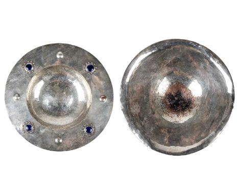 An Arts and Crafts Duchess of Sutherland Cripples Guild flared rim dish. With blue Ruskin style cabochons D S C G mark to bas
