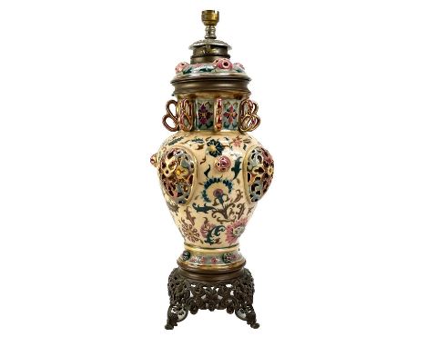 Zsolnay Pecs (attributed), a Hungarian porcelain oil lamp base. With Islamic style painted decoration, reticulated panels, an