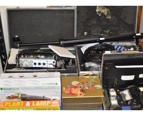 3 HARD CASES WITH VARIOUS AUDIO EQUIPMENT, UMIG MINI 5 CINE CAMERA IN BOX, BAG WITH ASSORTED AUDIO CABLES, PLANT-A-LAMP IN BO