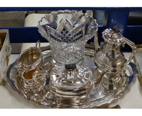 LARGE EP DOUBLE HANDLED TRAY, 4 PIECE EP TEA SERVICE &amp; LARGE CRYSTAL VASE ON STAND     