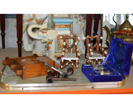 TRAY WITH BOXED PAIR OF EP CRUETS, PIPE STAND WITH VARIOUS PIPES &amp; 2 POTTERY CHAIRS     