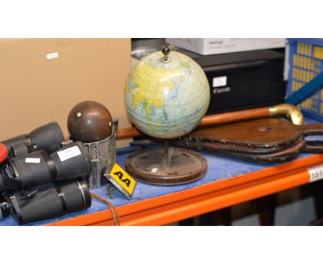 2 PAIRS OF BINOCULARS, WOODEN BOWLING JACK, AA BADGE, SET OF BELLOWS, SMALL TIN PLATE GLOBE &amp; BRASS HORSES HEAD WALKING S