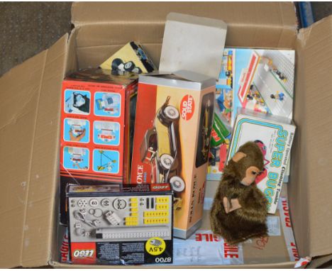 BOX WITH VINTAGE TOYS, SCHUCO STYLE PUPPET, LEGO, VEHICLES ETC     