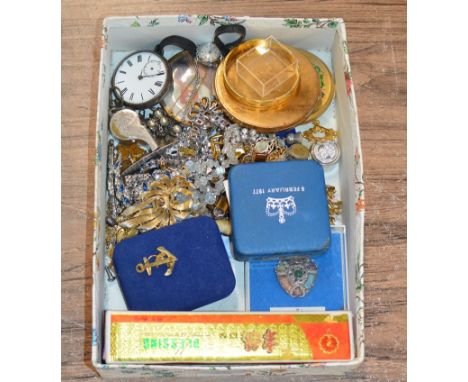 BOX WITH ASSORTED COSTUME JEWELLERY, SILVER CASED POCKET WATCH, COMPACTS, ACME WHISTLE ETC     