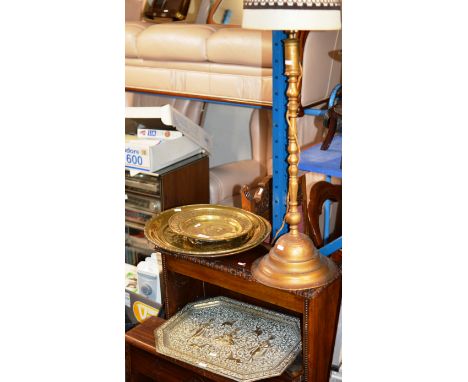 EASTERN STYLE METAL FLOOR LAMP, EASTERN TRAY &amp; 3 OTHER TRAYS     