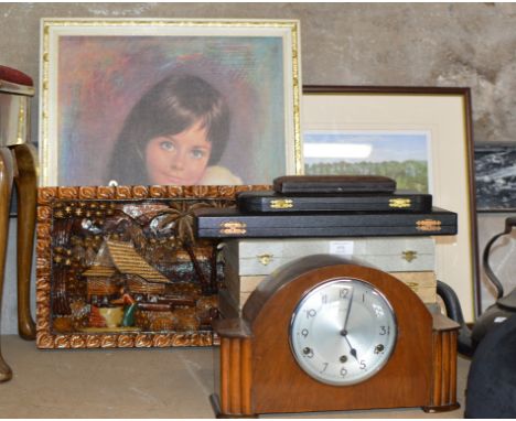 VARIOUS BOXED SETS OF EP CUTLERY, MAHOGANY CASED CHIMING MANTLE CLOCK &amp; 3 VARIOUS PICTURES     
