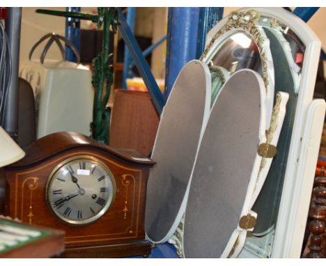 2 DRESSING MIRRORS, INLAID MAHOGANY CHIMING MANTLE CLOCK &amp; 2 LAMPS     