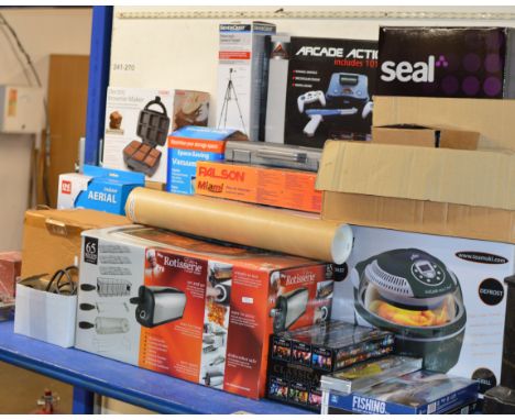 LARGE QUANTITY OF VARIOUS BOXED HOUSEHOLD ITEMS, INDOOR AERIAL, BROWNIE MAKER, VACUUM BAGS, ARCADE GAME SET, TRIPOD STAND, RO