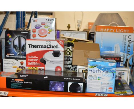 LARGE QUANTITY OF VARIOUS BOXED HOUSEHOLD ITEMS, FRESH AIR GLOBE, DVD RECORDER, HEADPHONES, MULTI DISH COOKER, WALLPAPER STRI