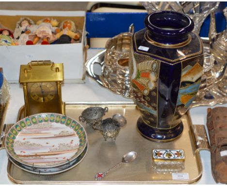 TRAY CONTAINING JAPANESE CERAMICS, WHITE METAL SUGAR &amp; CREAM, RNLI SILVER &amp; ENAMEL SPOON, CANADIAN LIDDED BOX ETC    