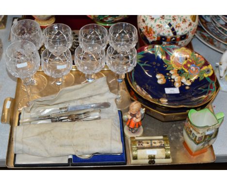 TRAY CONTAINING SET OF 6 STEM GLASSES, QUANTITY CUTLERY, HUMMEL FIGURINE, DOULTON JUG ETC     