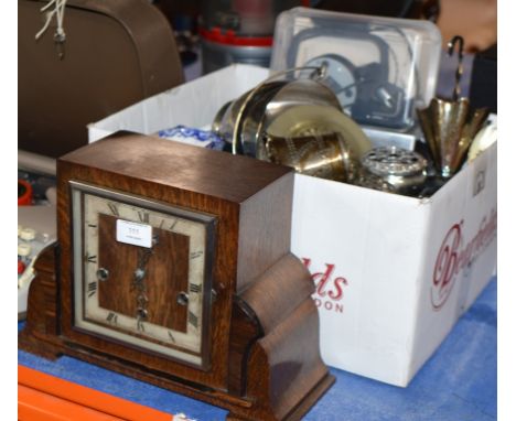 OAK CASED MANTLE CLOCK &amp; BOX CONTAINING VARIOUS EP WARE, MIXED CERAMICS ETC     