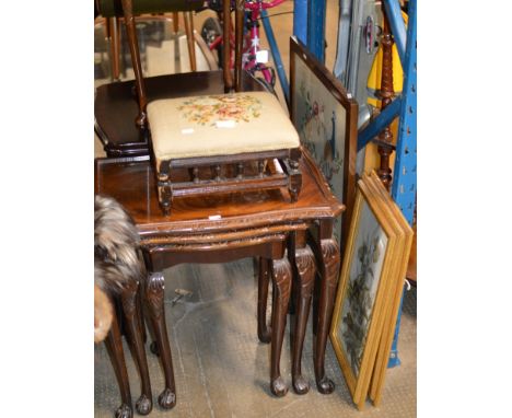 2 MAHOGANY TABLES, NEST OF 3 MAHOGANY TABLES, SMALL PADDED STOOL, FIRE SCREEN &amp; PAIR OF PICTURES     