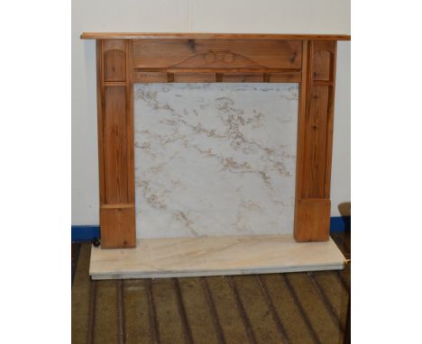 PINE FIRE SURROUND WITH MARBLE BACK PLATE &amp; HEARTH     