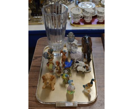 TRAY WITH BESWICK HORSE, BESWICK BIRD, SYLVAC DOG, HUMMEL FIGURES, LARGE CRYSTAL VASE ETC     