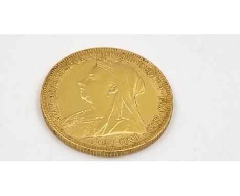 An 1896 22K Gold Full Sovereign Coin. This coin year has the last obverse widow-head Queen Victoria portrait. 