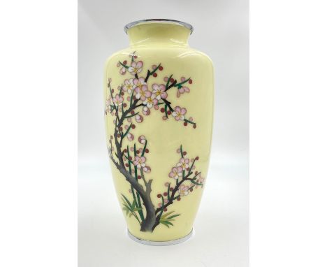 Japanese enamel Cloisonné vase, 22cm in height. Very nice condition and nicely decorated with a cherry blossom tree. 