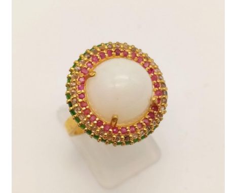 A 925 Silver Gold-Plated Opal, Ruby, Diamond, Tsavorite and Garnet Ring. Opal - 4.95ct. Size N. 6.28g. 