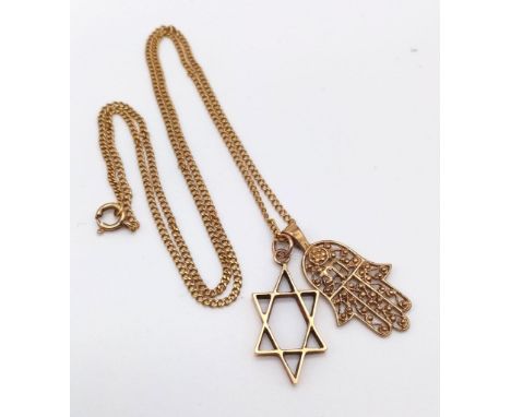 A VINTAGE 9K GOLD STAR OF DAVID AND HAI HAND PENDANT ON A 54cms CHAIN.  9.8gms 