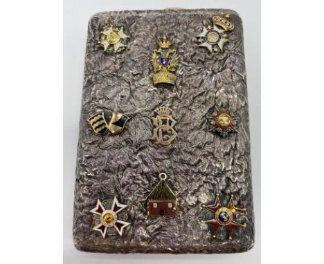 Rare Antique Silver Russian cigarette case, decorated with 14k solid gold pieces. With sapphires, diamonds, Ruby and Enamel. 