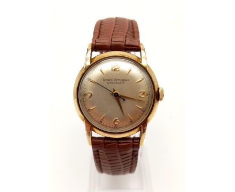 A Rare Vintage Girard-Perregaux Gyromatic Gents Wrist Watch. Brown leather strap with a gold plated case - 32mm. Automatic-gy