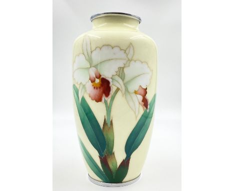 Japanese enamel Cloisonné vase, 22cm in height. Orchid plant decoration, very good condition. 