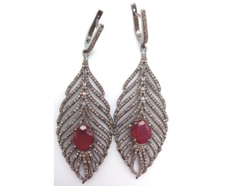 A Pair of 925 Silver Ruby and Rose-Cut Diamond Leaf-Shaped Earrings. R-6.90ct, RCD- 4.30ct. 5cm. 10.54g 