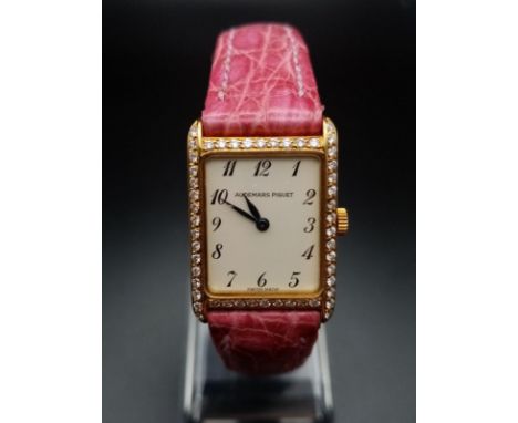A Vintage 18K Gold and Diamond Audemars Piguet Ladies Watch. Pink crocodile strap with gold buckle. Gold and diamond case - 2