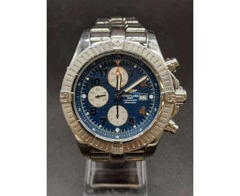 A Breitling Super Avenger Chronograph Automatic Gents Watch. Stainless steel strap and case - 48mm. Blue dial. 