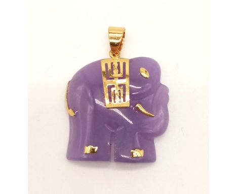 A Lavender Jade Elephant Pendant - Yellow Gold attachment. 