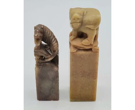 An Early Chinese Hand-Carved Pig and Tiger Stone Seal.7 and 6cm. 