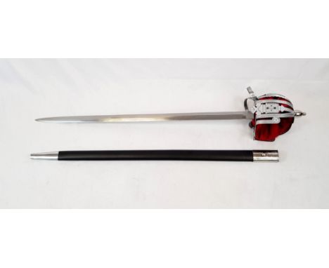 An Excellent Condition Scottish Basket Hilt Sword with Leather and Metal Scabbard 107cm length 