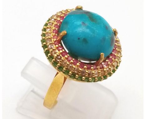 A 925 Silver Gold-Plated Turquoise, Ruby, Emerald and Diamond Ring. Size O. 6.8g. T - 8.5ct. 