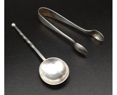 A Pair of Vintage Silver Sugar Tongs and Spoon. Birmingham hallmarks. 9cm. 22g total weight. 