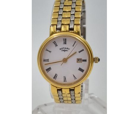 A gold plated Rotary watch with a black onyx on winder.Two tone bracelet, white face with roman numerals and gold tone hands.