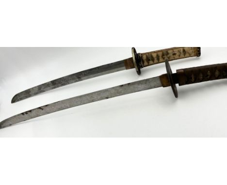 Two Vintage Wakizashi Swords - Both with interesting handles and scabbards. Longest total length -63cm. Both handles in need 