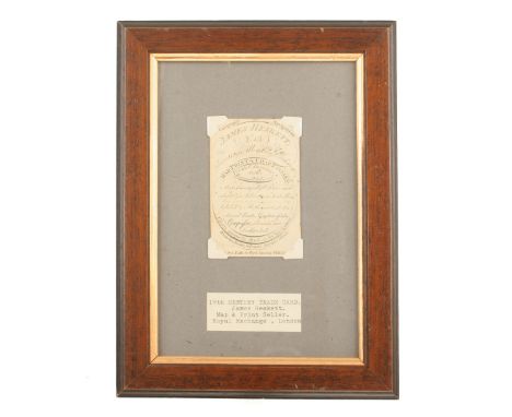 A framed early 19c trade card of James Heskett, Map and Print seller, Royal Exchange London. He also sold Globes and Mathemat