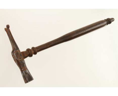 An unusual French hammer with decorative claw with date 1781 lightly stamped on head and 12" turned beech handle with acorn f