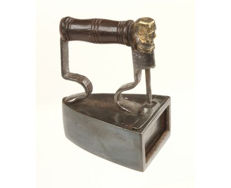 An unusually small box iron for lace with a brass man's head finial to slide 2 3/4" x 2" lacks slug G+