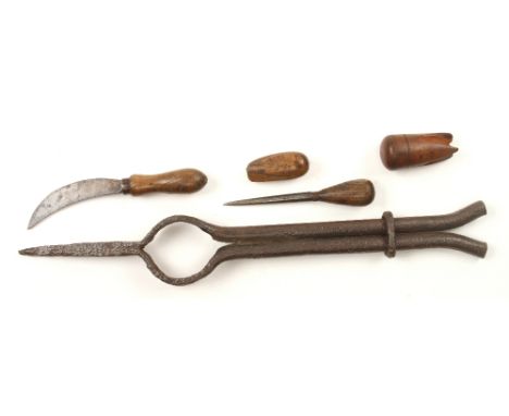 Five basket makers tools, a rare peeling brake, 2 boxwood cleavers, a solid bodkin and a serrated hand knife G
