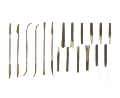 An unusual set of 12 small punches by HOLTZAPFFEL & Co 3" to 3 1/2" and 6 riffler files marked F. D. with arrow F
These tools
