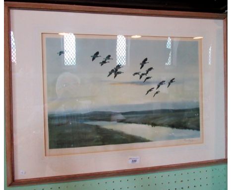 After Peter Scott, birds in flight, a print, gallery blind stamp to lower left corner and pencil signed by the artist, 38cm x