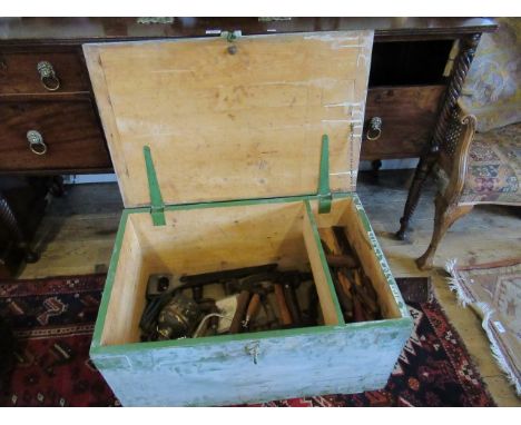 A mid-20th century pine box, stamped GPO, containing a small quantity of tools, 74cm wide.