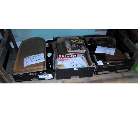 Three boxes containing assorted items, to include: a bagatelle board, cameras, ephemera, boxed games and other items.